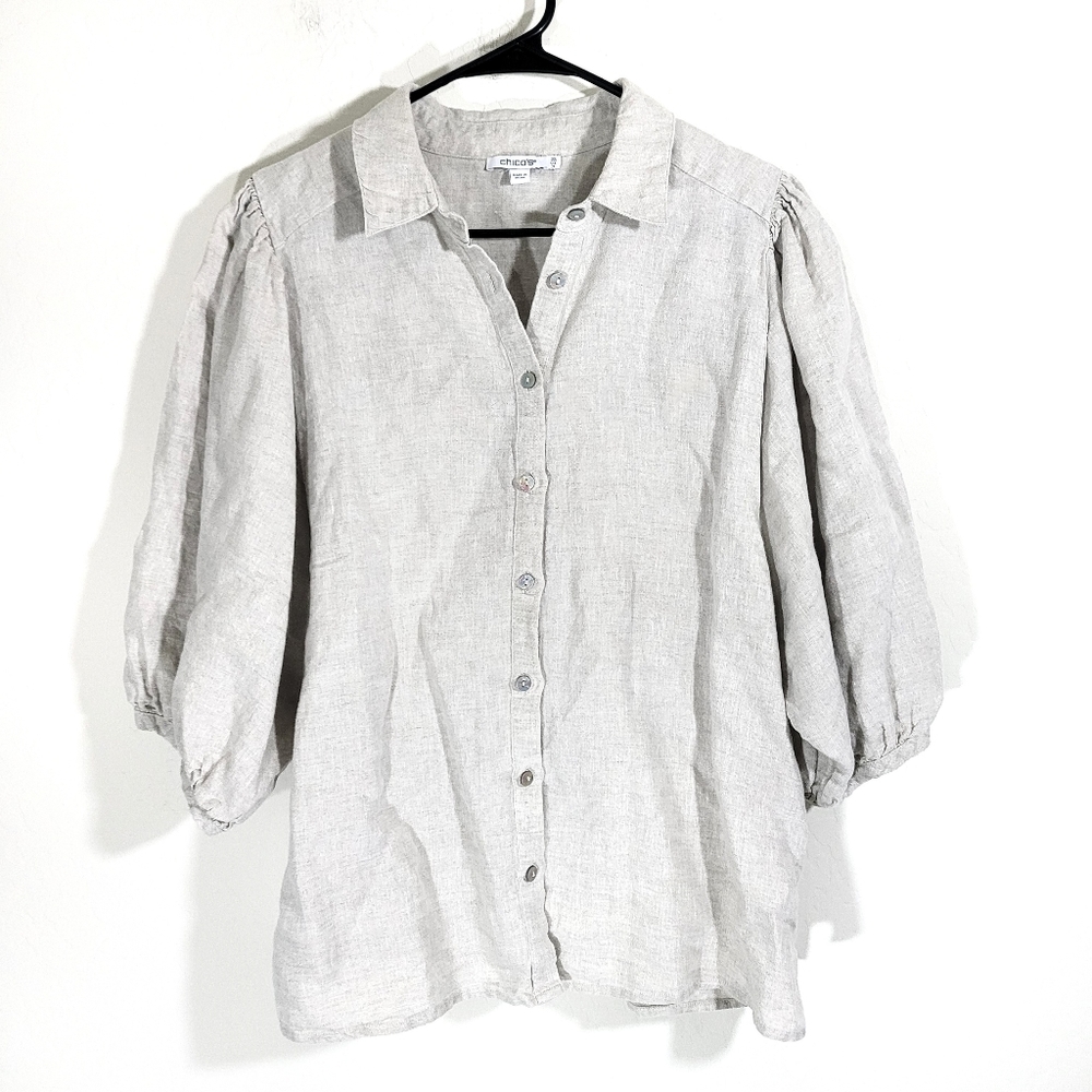 Chicos linen balloon sleeve neutral lagenlook button up blouse 14